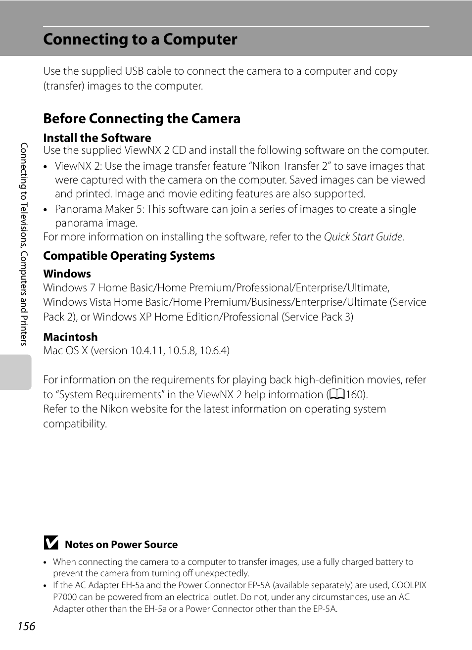 Connecting to a computer, Before connecting the camera, A156) and | Nikon P7000 User Manual | Page 170 / 240