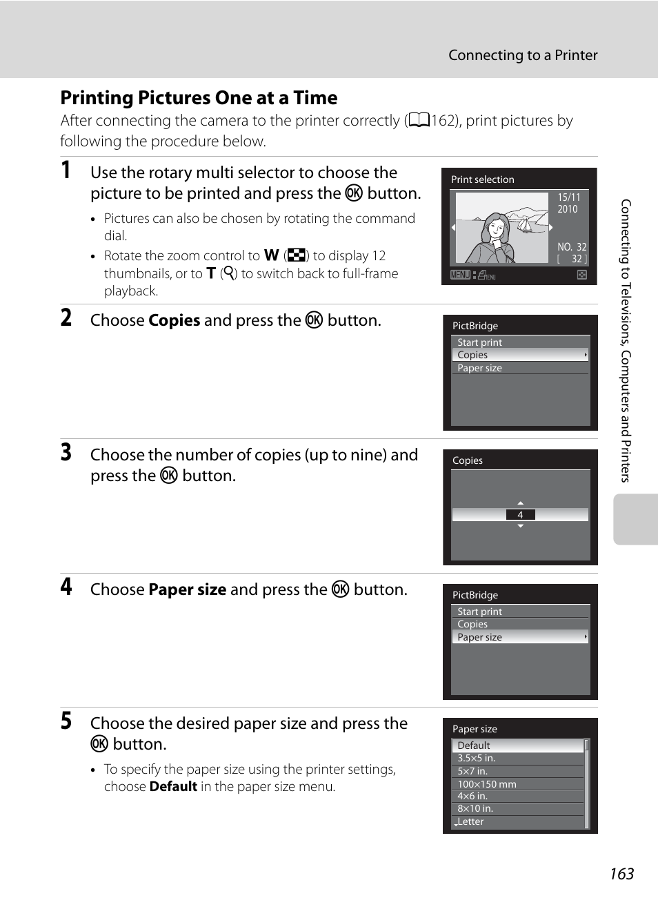 Printing pictures one at a time, A163), Choose copies and press the k button | Choose paper size and press the k button | Nikon P7000 User Manual | Page 177 / 240