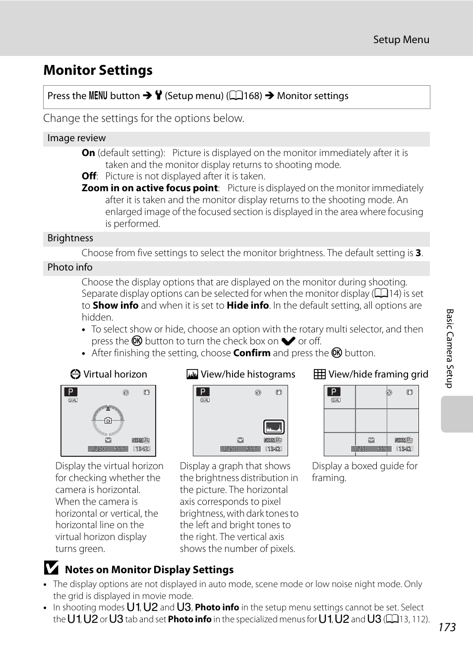 Monitor settings, A173) of, A173) | A173, Change the settings for the options below, Setup menu | Nikon P7000 User Manual | Page 187 / 240