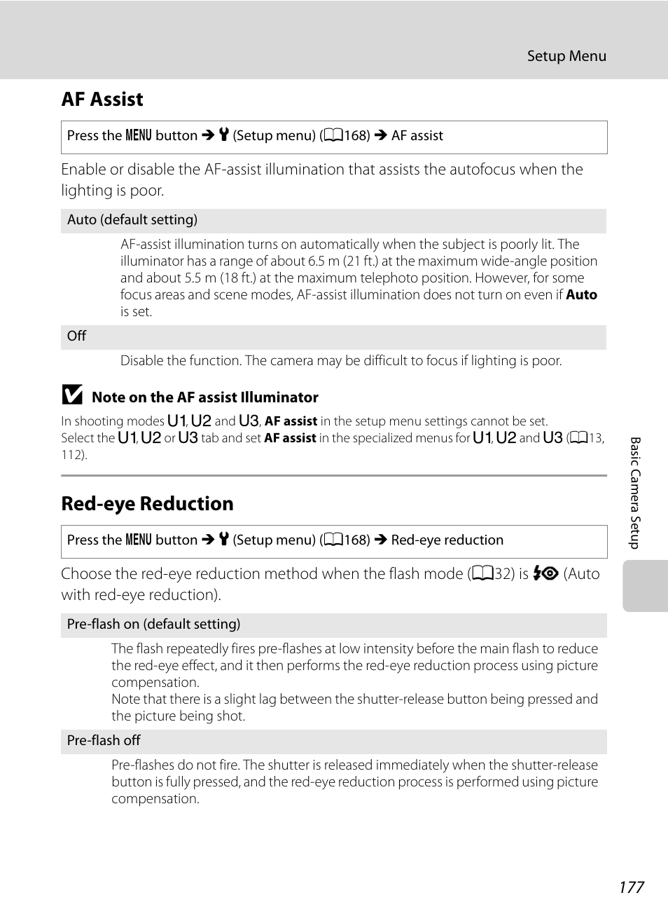 Af assist, Red-eye reduction, Af assist red-eye reduction | A177), A177) in the, A177) does not light, A177 | Nikon P7000 User Manual | Page 191 / 240