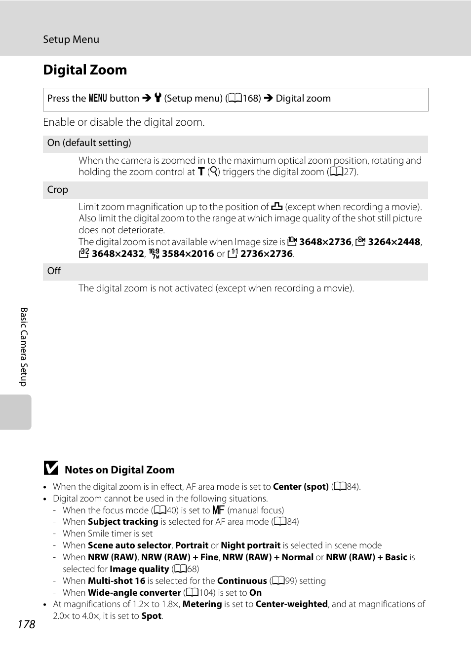 Digital zoom, A178), E “notes on digital zoom | A178) f, A178 | Nikon P7000 User Manual | Page 192 / 240