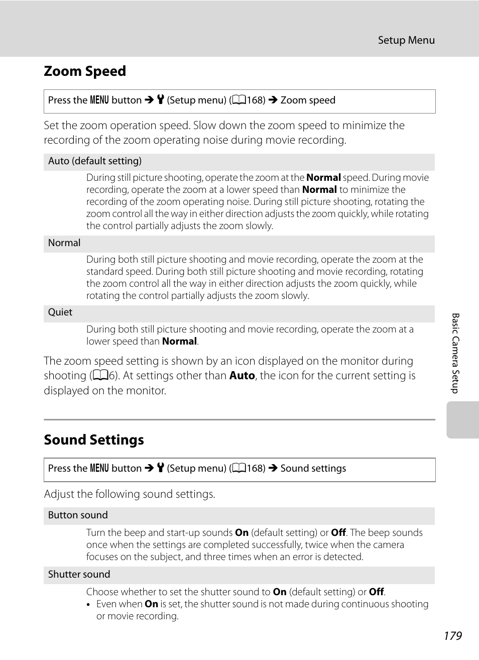 Zoom speed, Sound settings, Zoom speed sound settings | See “zoom speed, A179), A179 | Nikon P7000 User Manual | Page 193 / 240