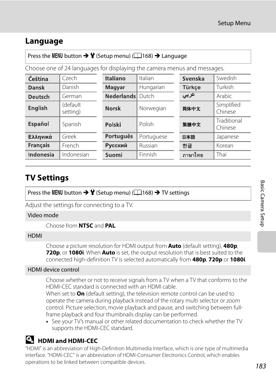 Language, Tv settings, Language tv settings | A183 | Nikon P7000 User Manual | Page 197 / 240
