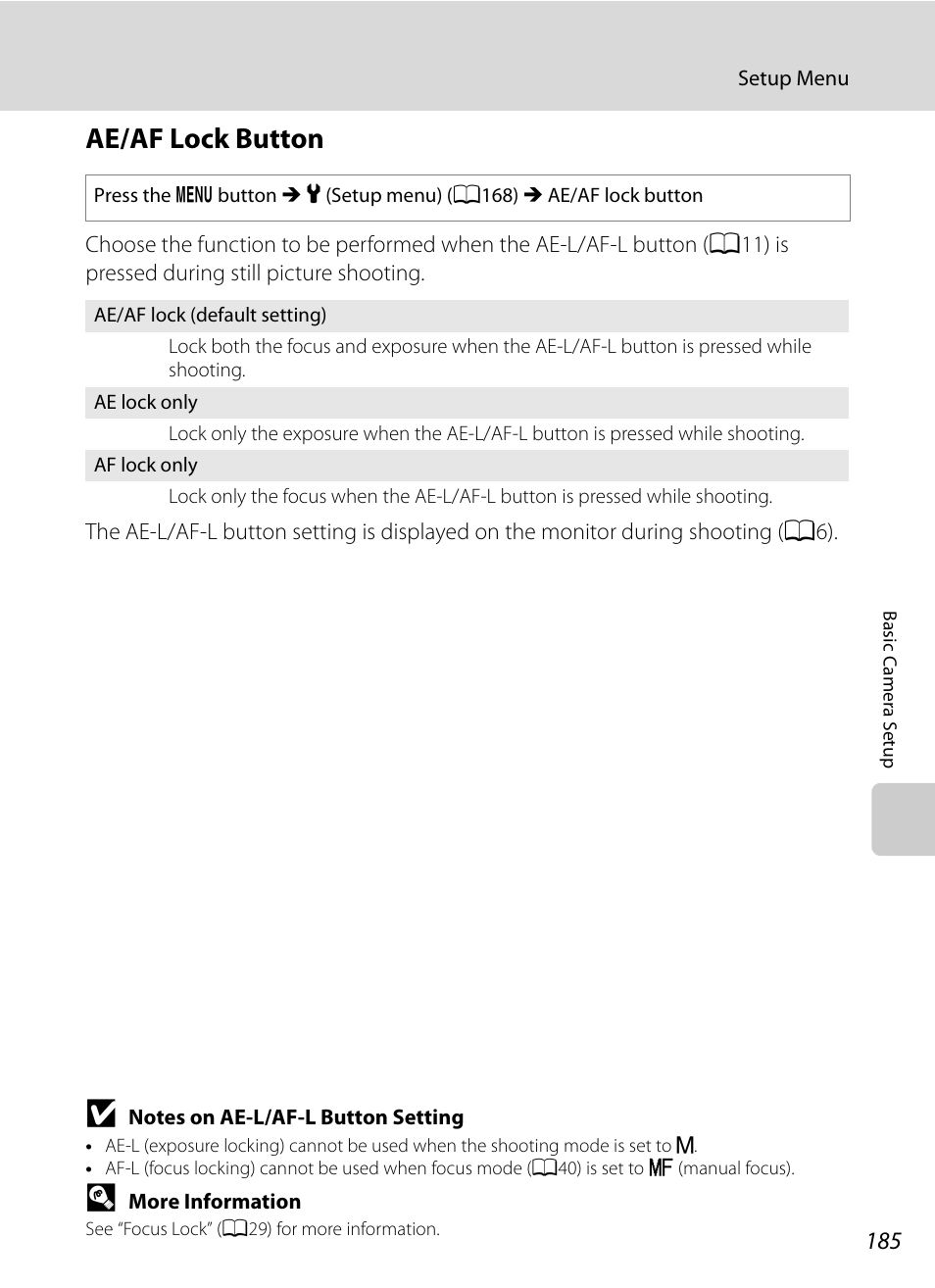 Ae/af lock button, A185), A185 | Nikon P7000 User Manual | Page 199 / 240