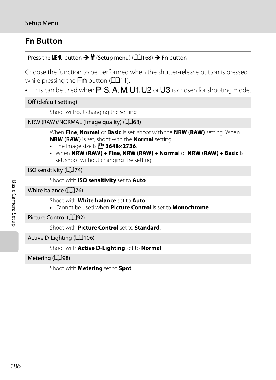 Fn button, A186), A186 | Nikon P7000 User Manual | Page 200 / 240