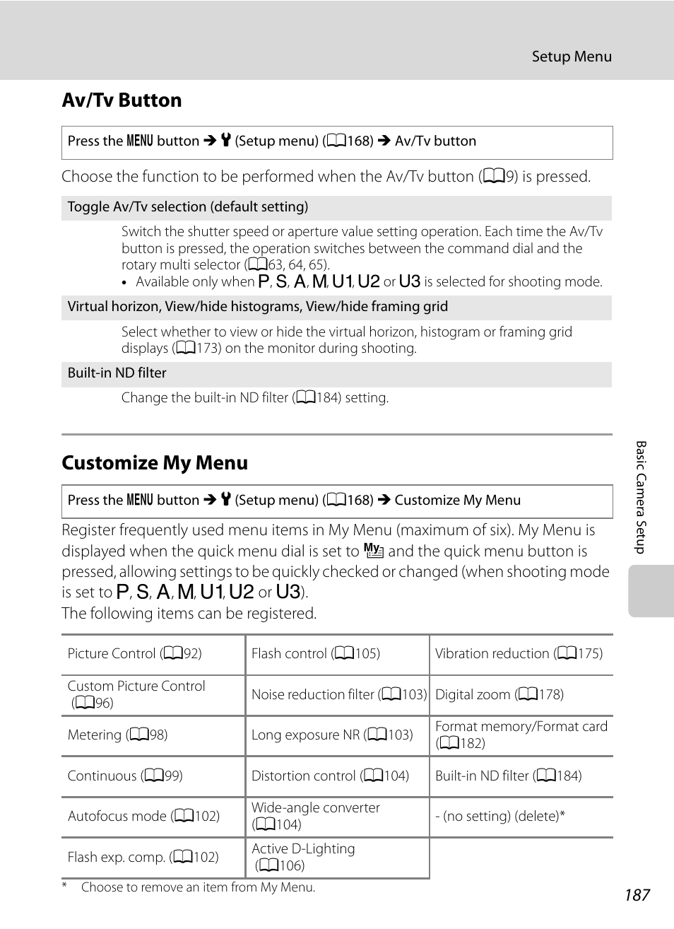 Av/tv button, Customize my menu, Av/tv button customize my menu | A187) in the setup menu, A187), A187) in, A187 | Nikon P7000 User Manual | Page 201 / 240