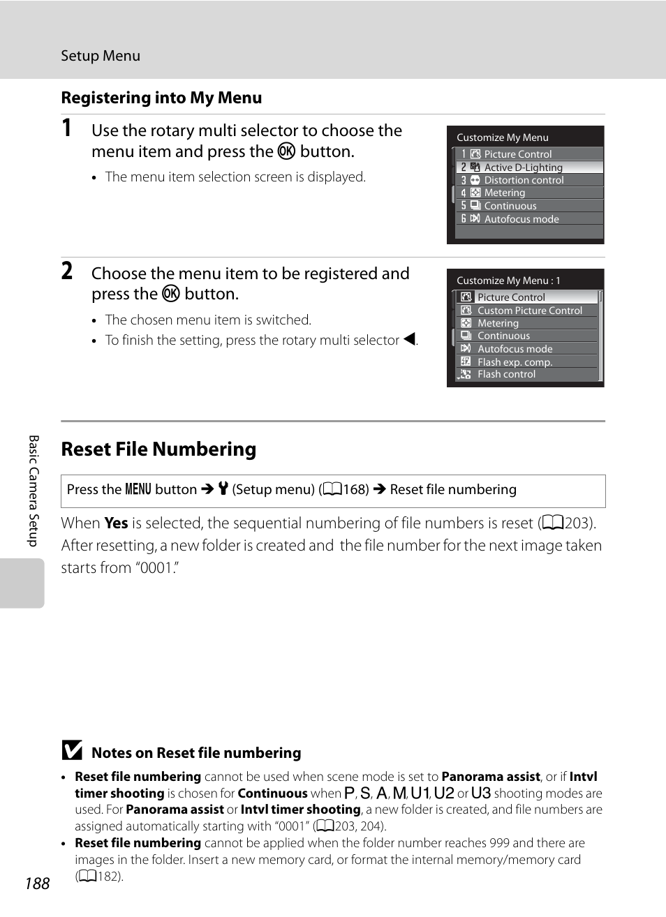 Reset file numbering, A188, Registering into my menu | Nikon P7000 User Manual | Page 202 / 240