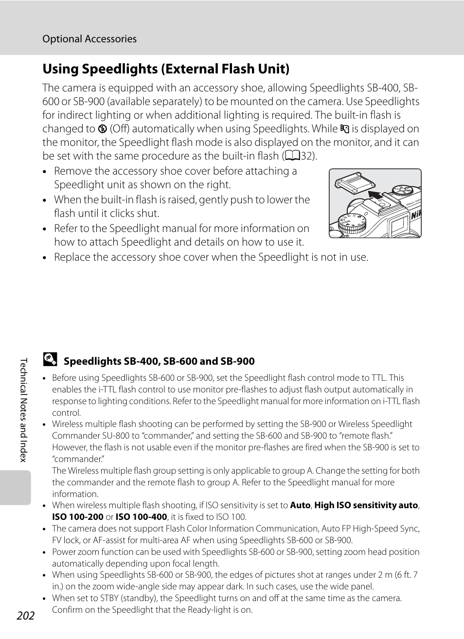 Using speedlights (external flash unit), E “using speedlights (external flash unit), A202) f | A202), A202) mount | Nikon P7000 User Manual | Page 216 / 240