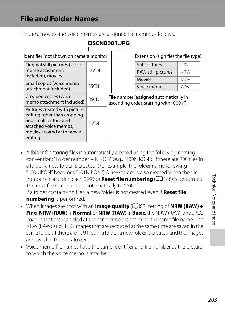 File and folder names, A203), A 203) f | A203) f, A203, 204), Dscn 0001.jpg | Nikon P7000 User Manual | Page 217 / 240