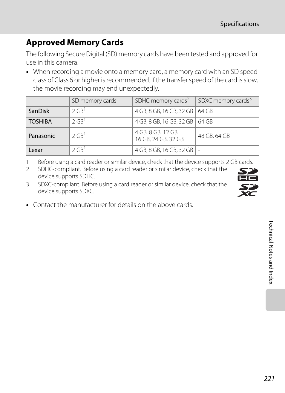 Approved memory cards, A221) | Nikon P7000 User Manual | Page 235 / 240