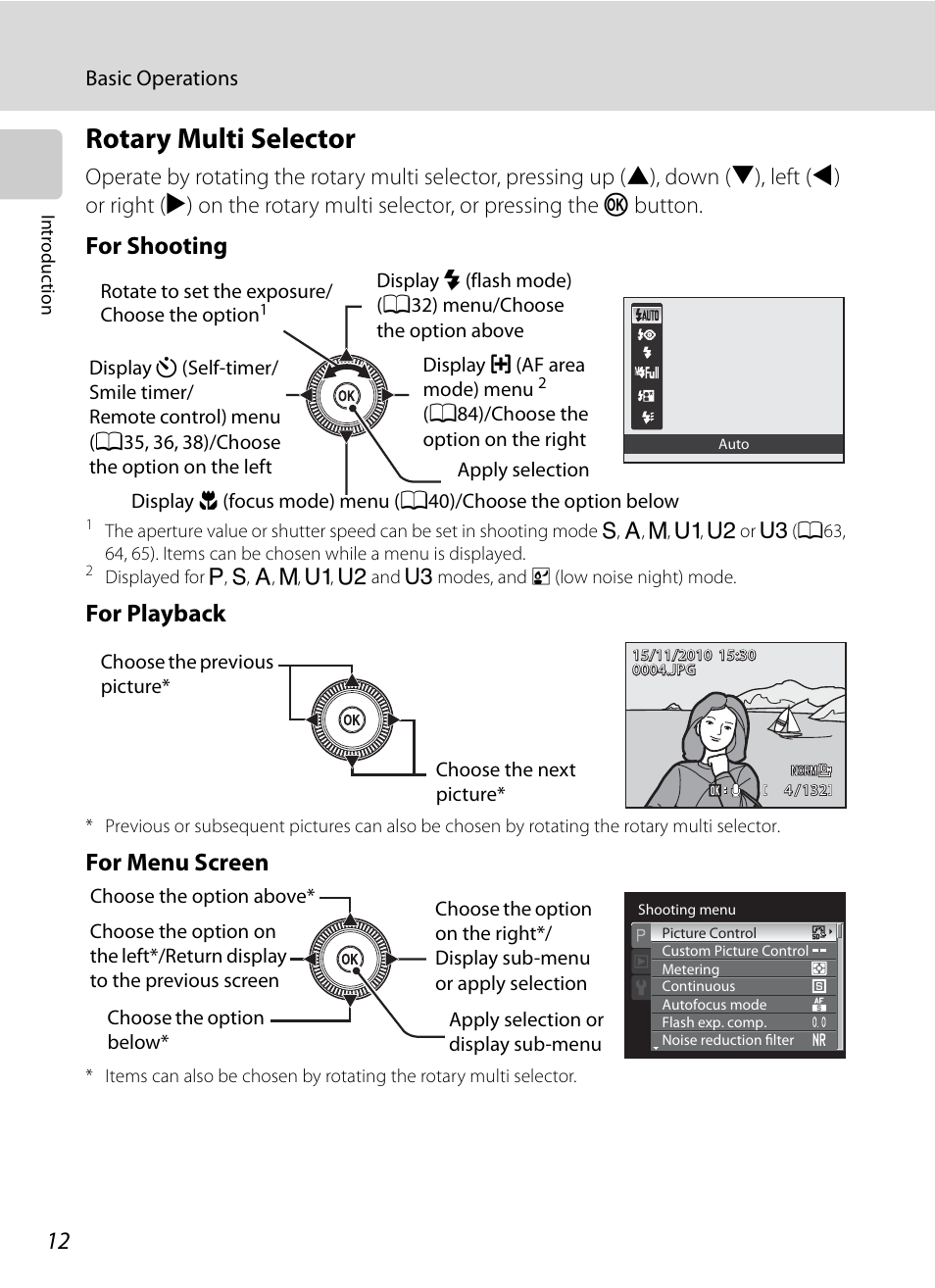 Rotary multi selector, For shooting, For playback | For menu screen | Nikon P7000 User Manual | Page 26 / 240