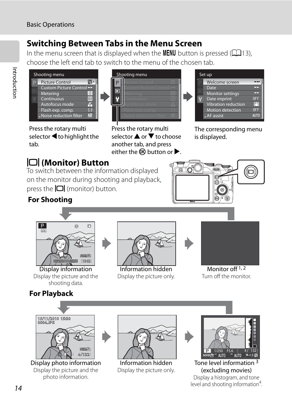 Switching between tabs in the menu screen, Monitor button, A14) | X (monitor) button, For shooting, For playback, Basic operations, Display information, Information hidden, Monitor off | Nikon P7000 User Manual | Page 28 / 240