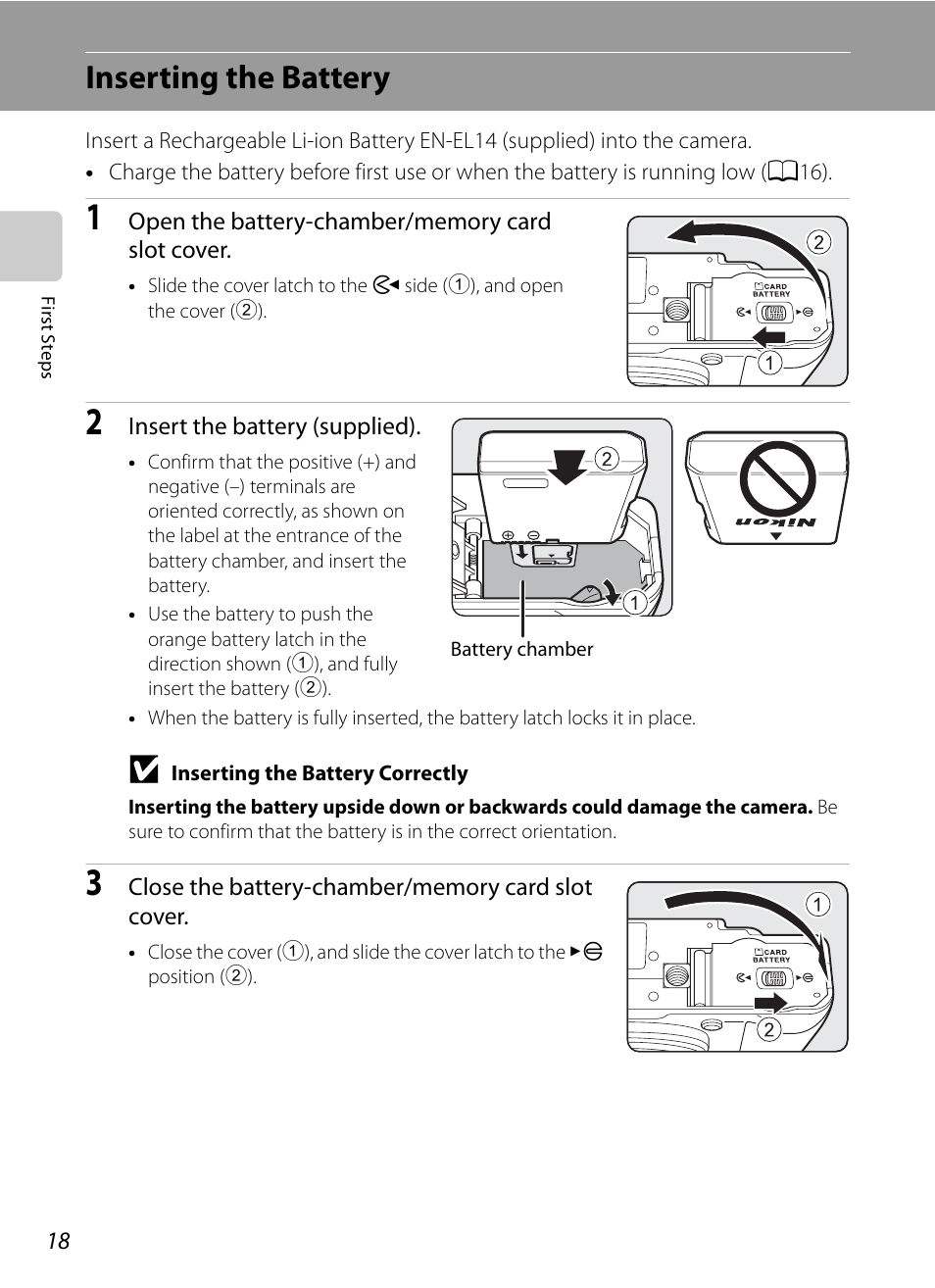 Inserting the battery | Nikon P7000 User Manual | Page 32 / 240