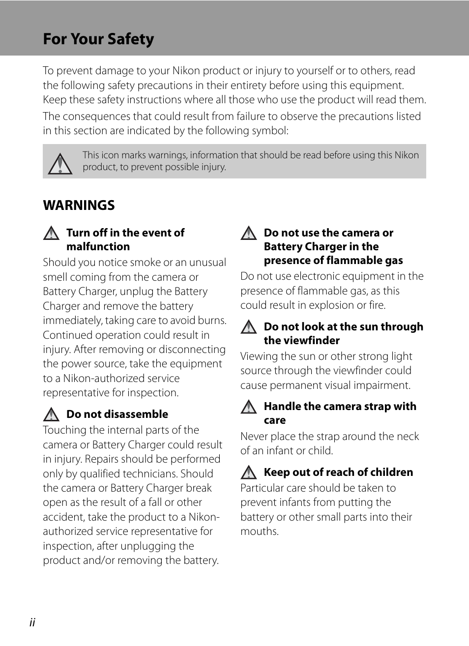 For your safety, Warnings | Nikon P7000 User Manual | Page 4 / 240