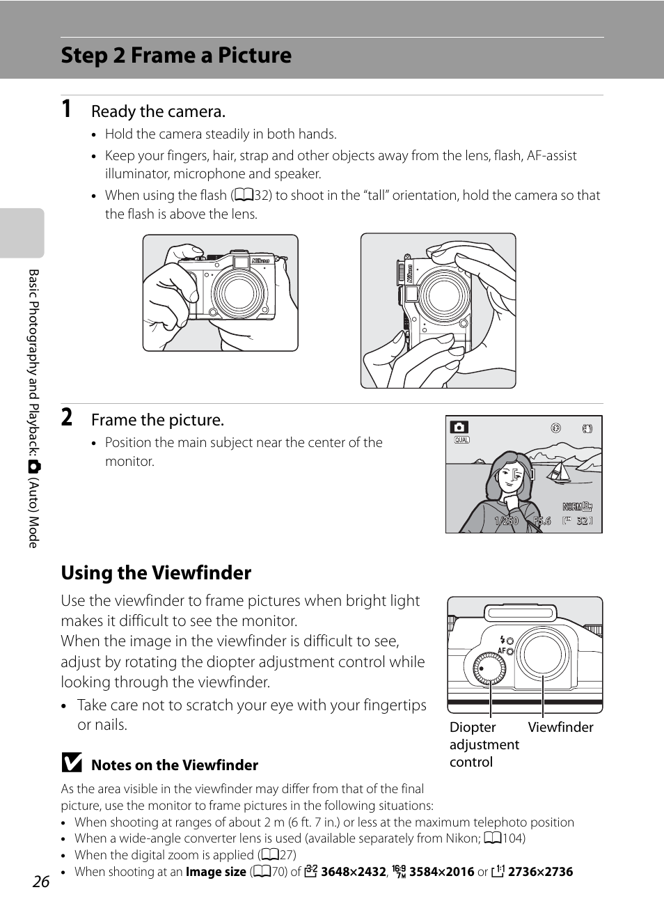 Step 2 frame a picture, Using the viewfinder, Ready the camera | Frame the picture | Nikon P7000 User Manual | Page 40 / 240