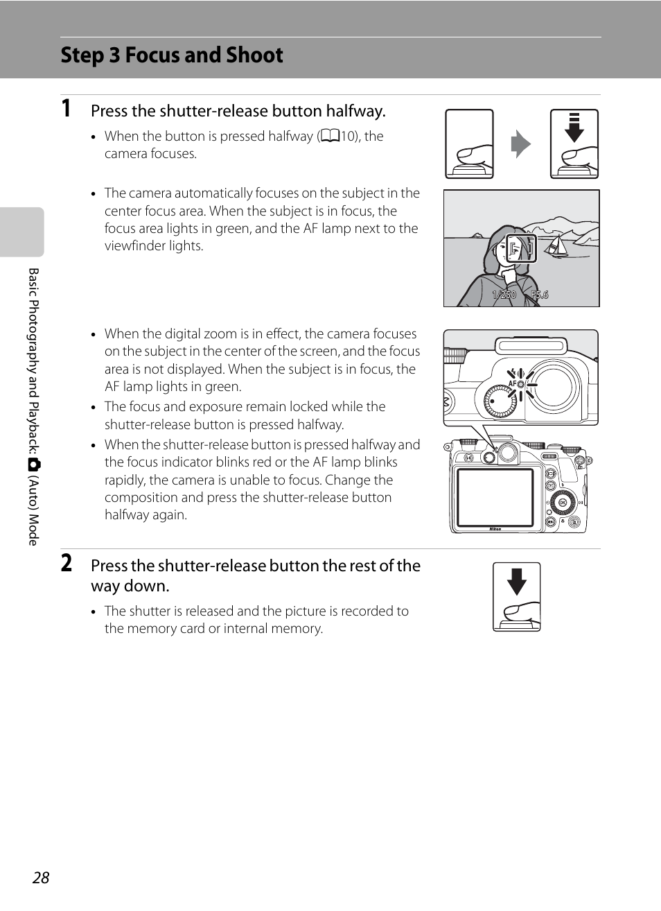 Step 3 focus and shoot, Press the shutter-release button halfway | Nikon P7000 User Manual | Page 42 / 240