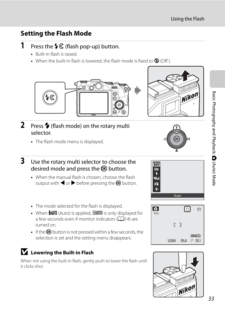 Setting the flash mode, Press the k (flash pop-up) button, Press m (flash mode) on the rotary multi selector | Nikon P7000 User Manual | Page 47 / 240