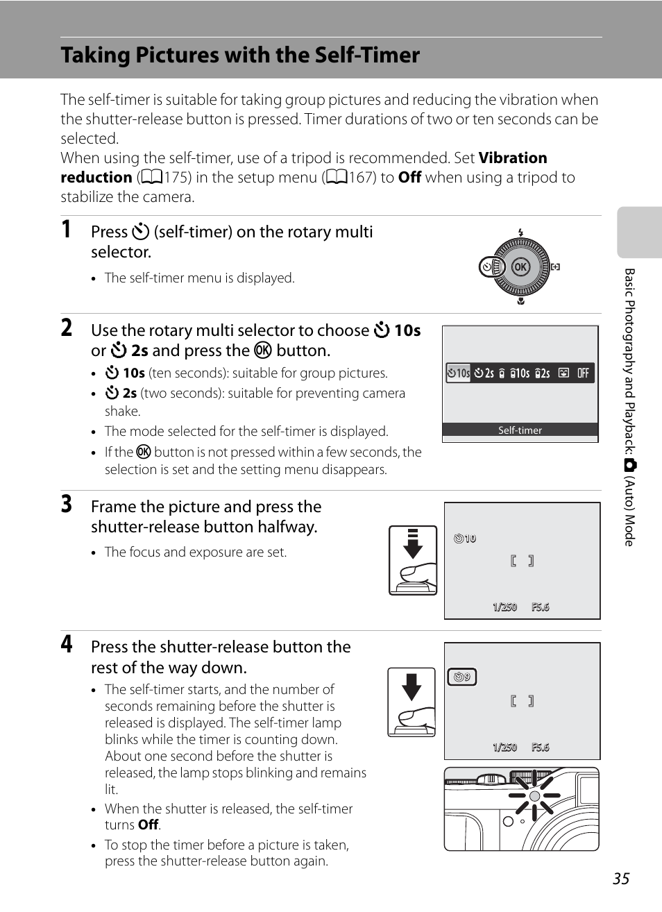 Taking pictures with the self-timer, A35), Press n (self-timer) on the rotary multi selector | Nikon P7000 User Manual | Page 49 / 240