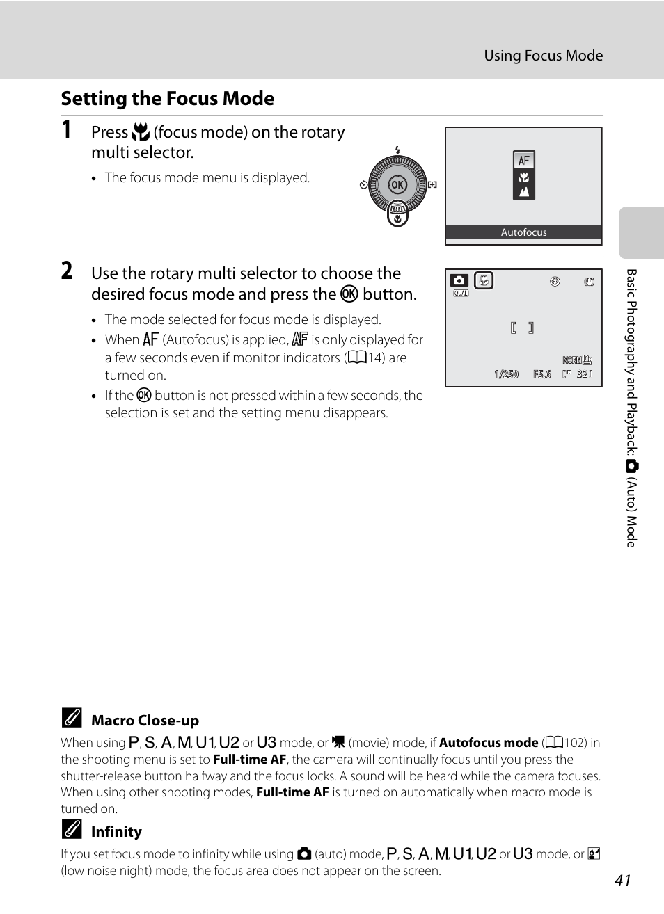 Setting the focus mode, Press p (focus mode) on the rotary multi selector | Nikon P7000 User Manual | Page 55 / 240