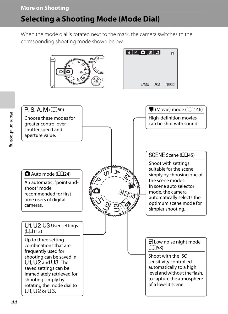 More on shooting, Selecting a shooting mode (mode dial), A44) | Nikon P7000 User Manual | Page 58 / 240