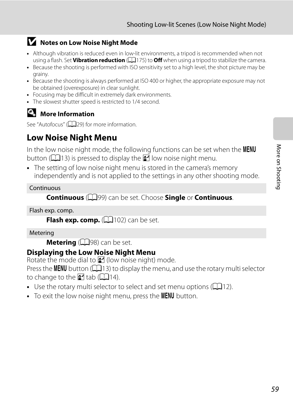Low noise night menu, E “low noise night menu | Nikon P7000 User Manual | Page 73 / 240