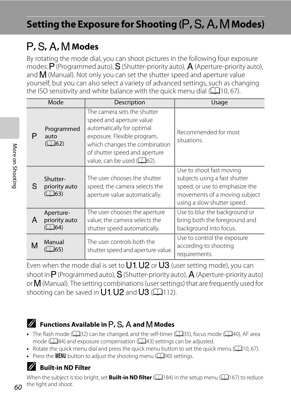 P, s, a, m modes, Setting the exposure for shooting, A, b, c, d modes) | A, b, c, d modes, A60), A , b , c , d modes | Nikon P7000 User Manual | Page 74 / 240