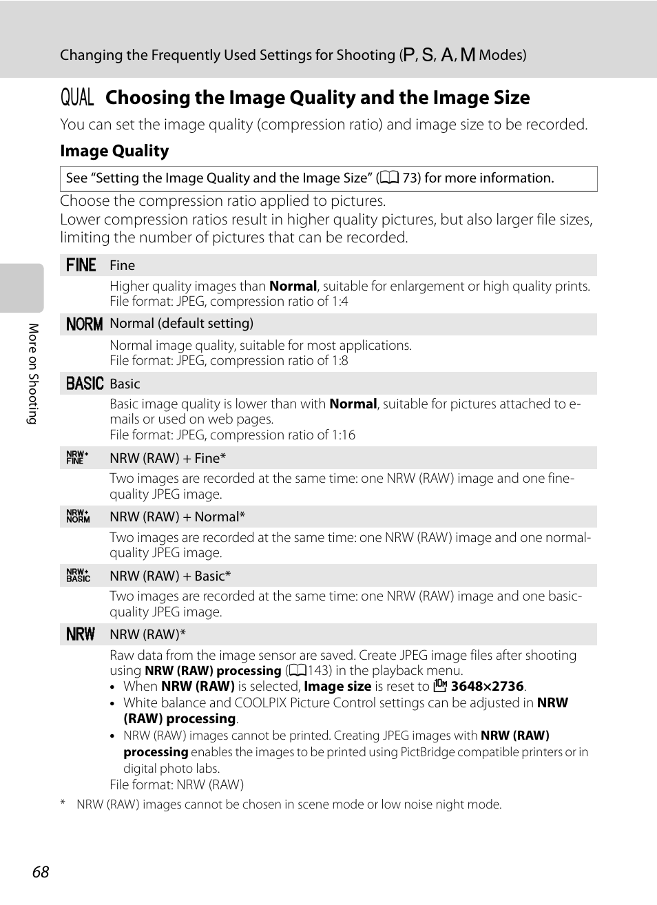 Choosing the image quality and the image size, A choosing the image quality and the image size, A68) | A68) se, A68) and, Image quality | Nikon P7000 User Manual | Page 82 / 240