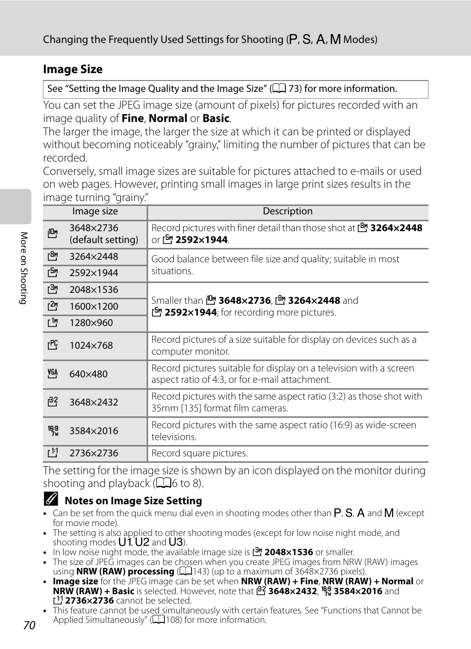A70) of, A70), Image size | Nikon P7000 User Manual | Page 84 / 240
