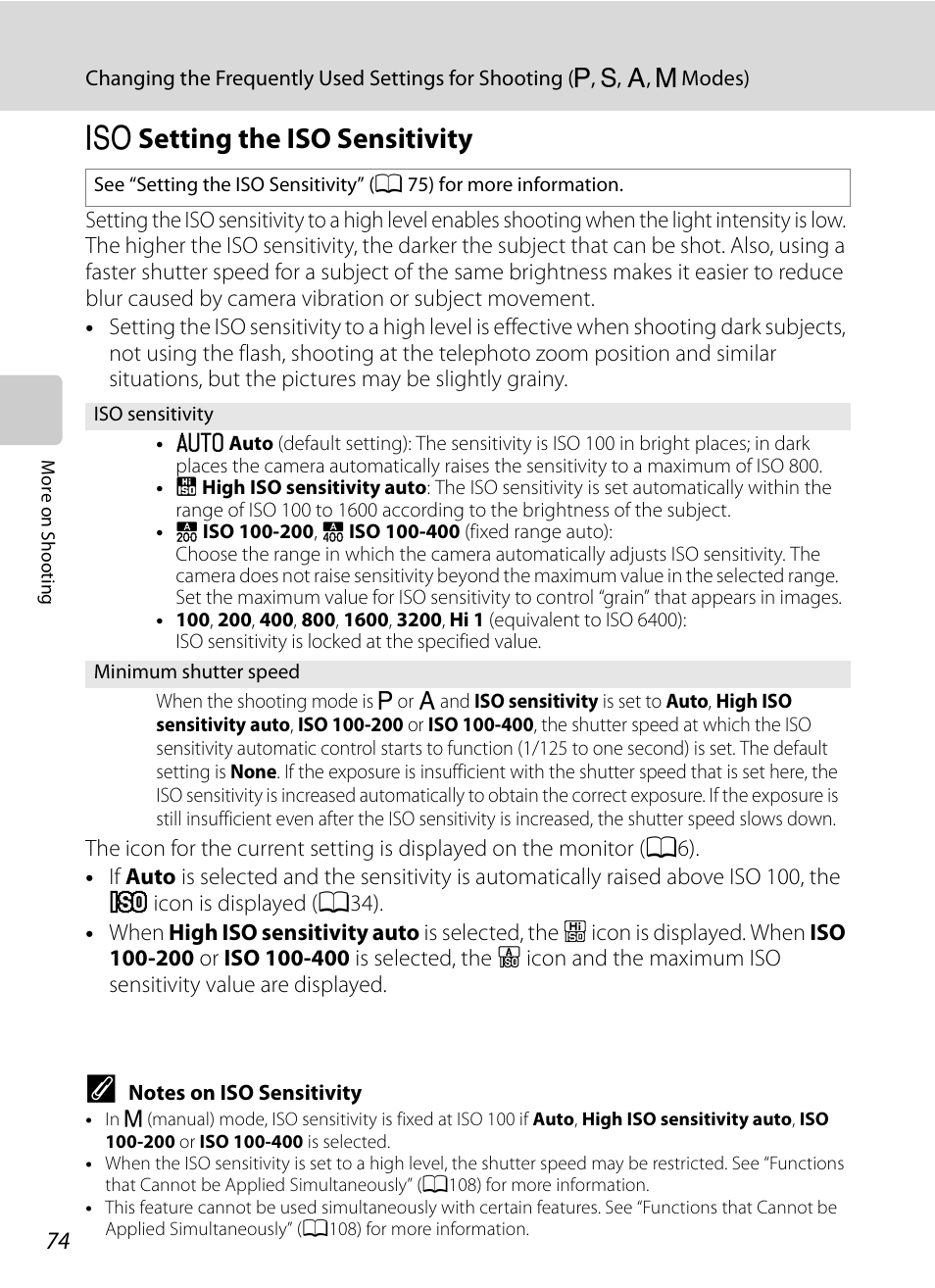 Setting the iso sensitivity, B setting the iso sensitivity, A74) | A74) is | Nikon P7000 User Manual | Page 88 / 240