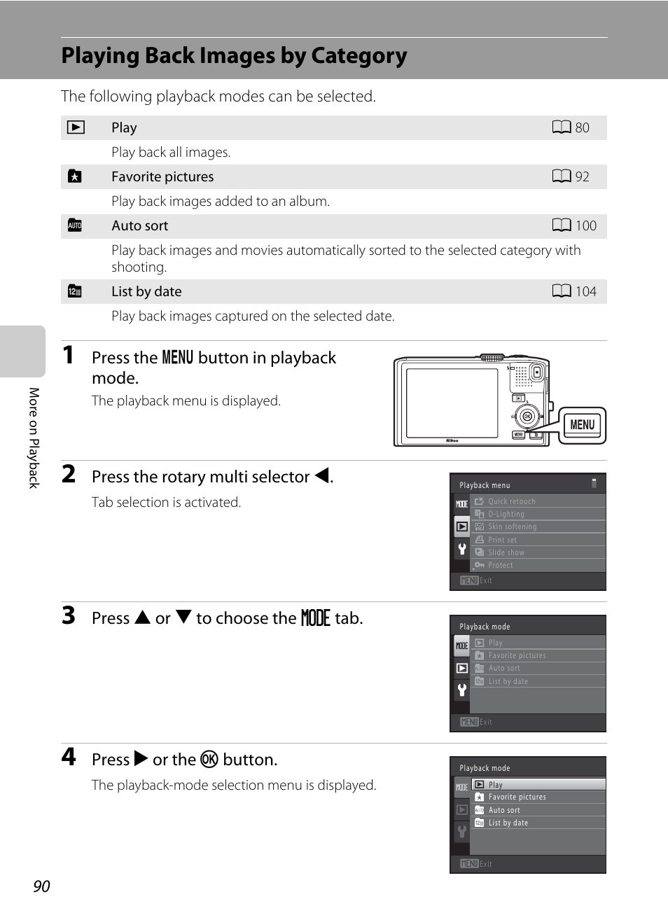 Playing back images by category, Press the d button in playback mode, Press the rotary multi selector j | Press h or i to choose the n tab, Press k or the k button | Nikon COOLPIX-S8100 User Manual | Page 102 / 220