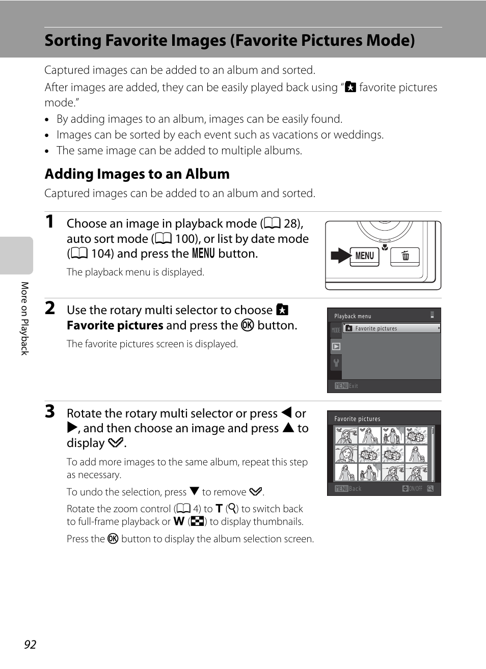 Sorting favorite images (favorite pictures mode), Adding images to an album, A 92), auto sort mode | A 92), A 92), a, A 92 | Nikon COOLPIX-S8100 User Manual | Page 104 / 220