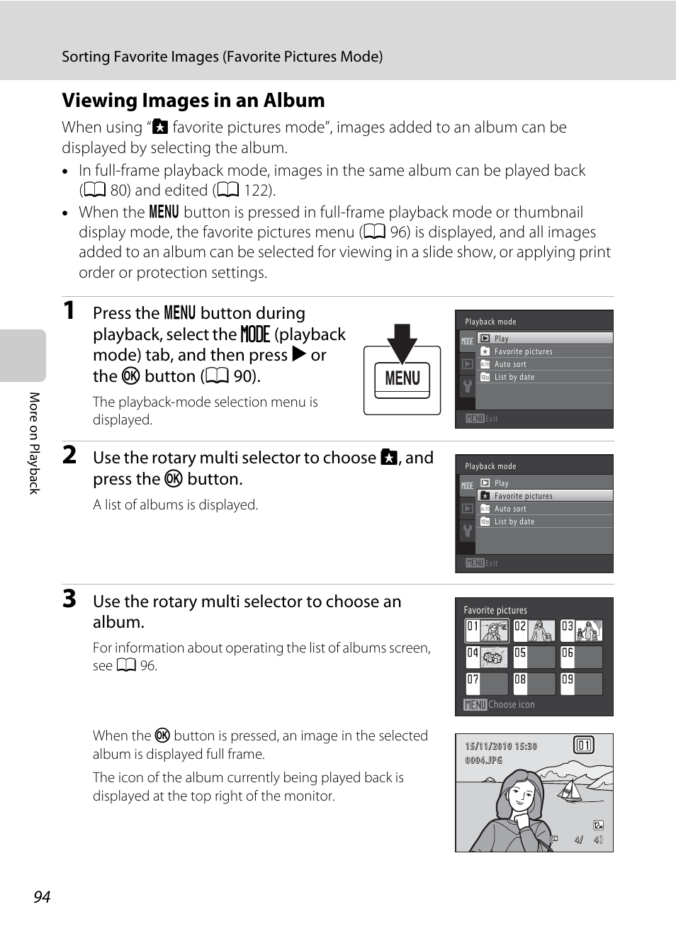 Viewing images in an album, Use the rotary multi selector to choose an album | Nikon COOLPIX-S8100 User Manual | Page 106 / 220