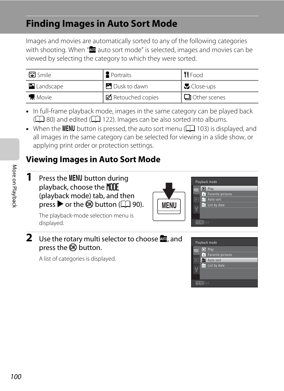 Finding images in auto sort mode, Viewing images in auto sort mode, A 100), or list by | A 100), A 100), the, A 100, A 100), or list by date mode | Nikon COOLPIX-S8100 User Manual | Page 112 / 220