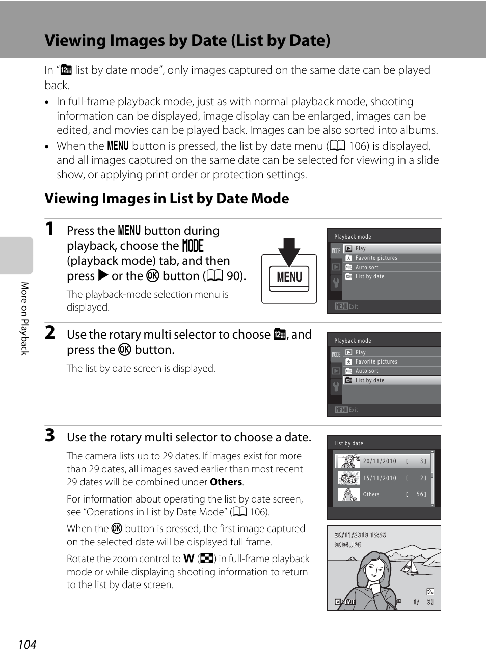 Viewing images by date (list by date), Viewing images in list by date mode, A 104), images | A 104). the, A 104), images in, A 104, A 104) and press, A 104), Use the rotary multi selector to choose a date | Nikon COOLPIX-S8100 User Manual | Page 116 / 220