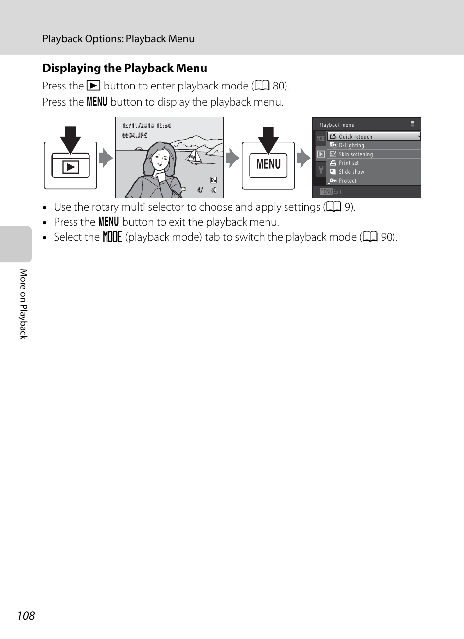 108, 133, or, Displaying the playback menu | Nikon COOLPIX-S8100 User Manual | Page 120 / 220