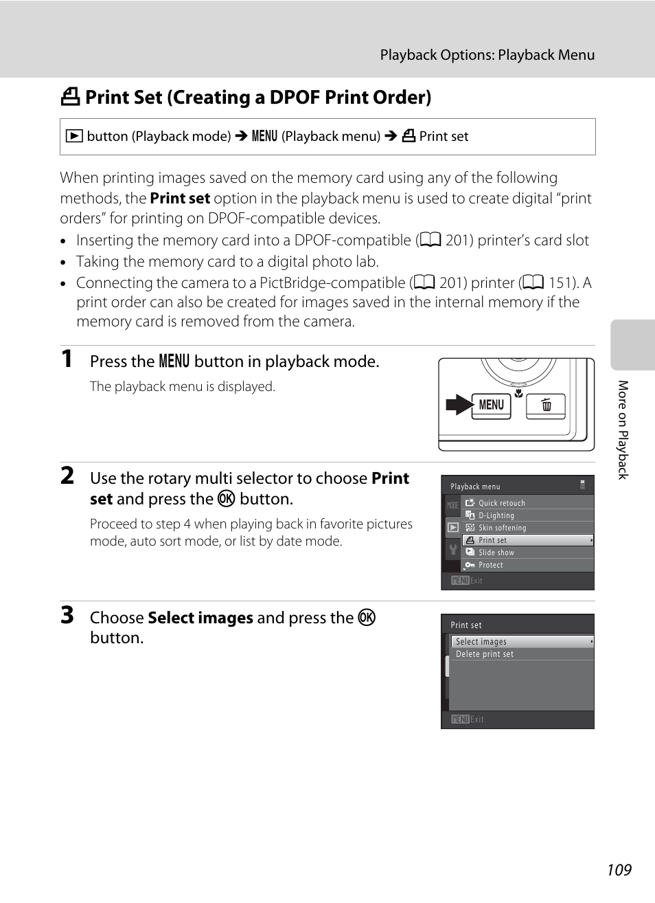 Print set (creating a dpof print order), A print set (creating a dpof print order), A 109) | A 109) or, A 109, Aprint set (creating a dpof print order) | Nikon COOLPIX-S8100 User Manual | Page 121 / 220