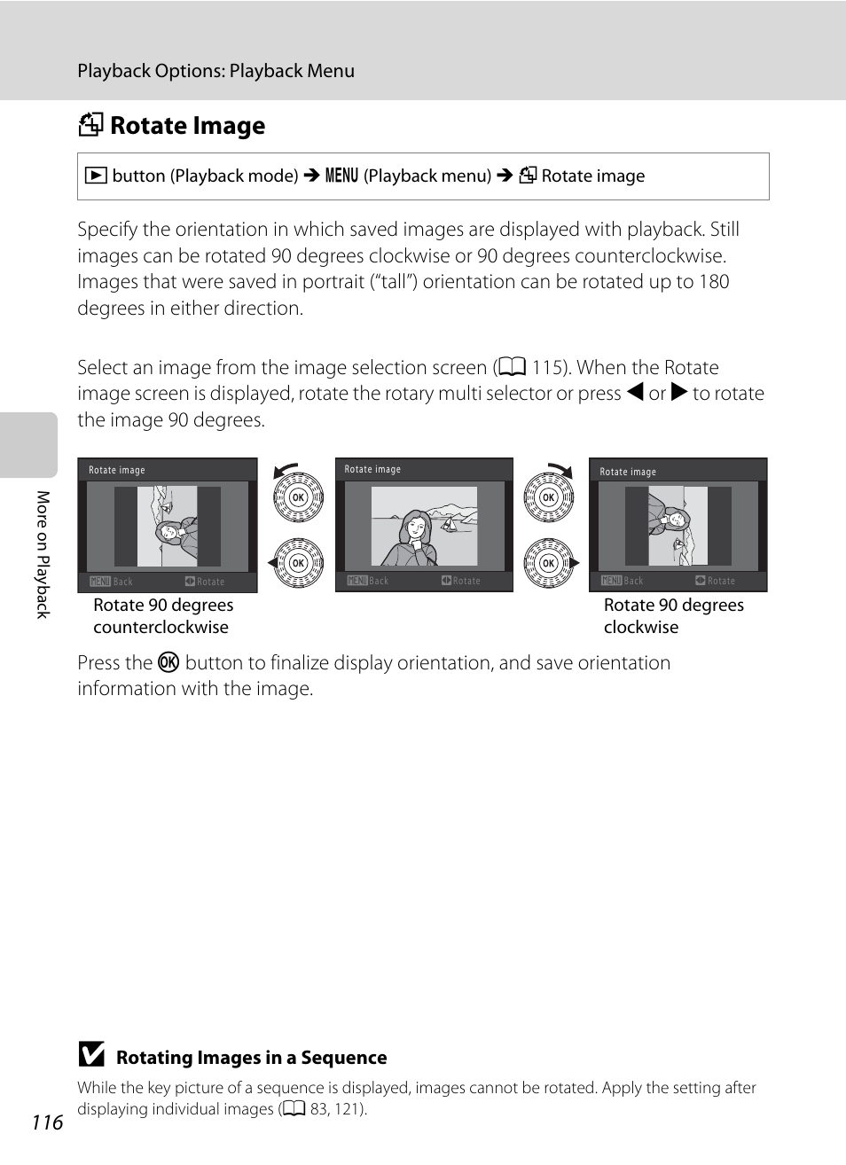 Rotate image, F rotate image, A 116 | A 116), Frotate image | Nikon COOLPIX-S8100 User Manual | Page 128 / 220