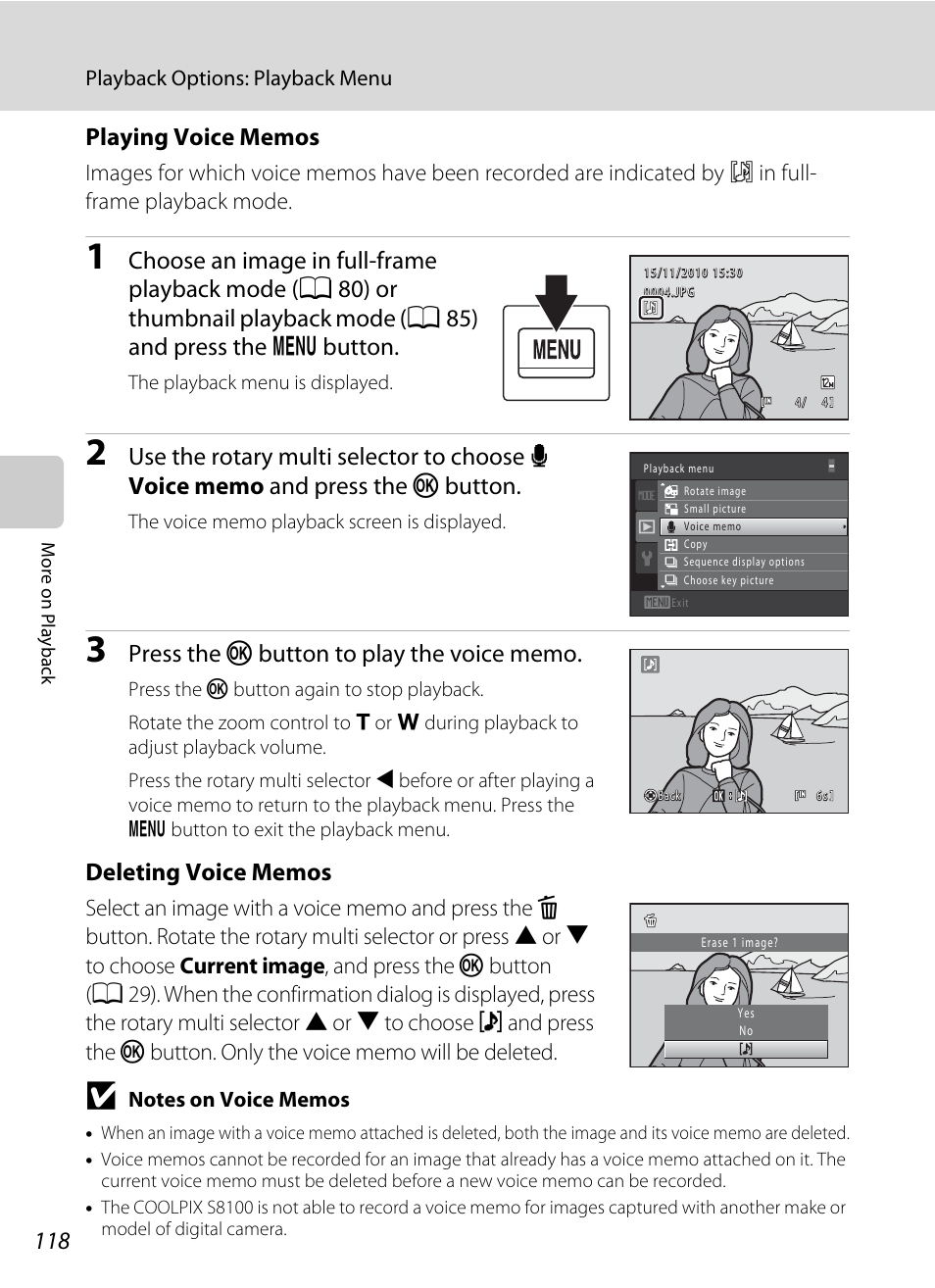 118, or 140), A 118) is deleted, Of “playing voice memos | A 118) to | Nikon COOLPIX-S8100 User Manual | Page 130 / 220