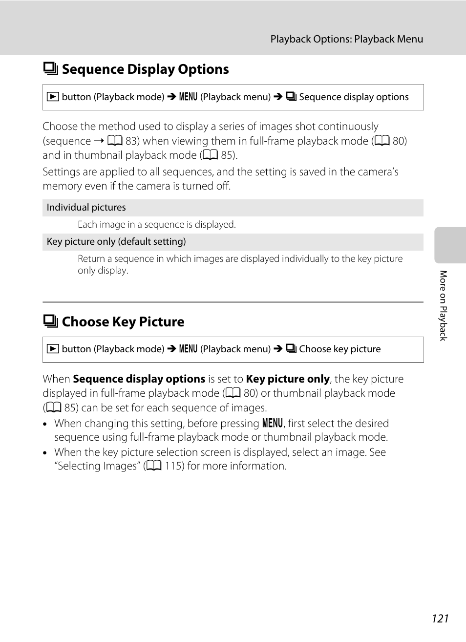 Sequence display options, Choose key picture, C sequence display options c choose key picture | A 121), A 121) in the, Cture, A 121, Key picture, Csequence display options, Cchoose key picture | Nikon COOLPIX-S8100 User Manual | Page 133 / 220