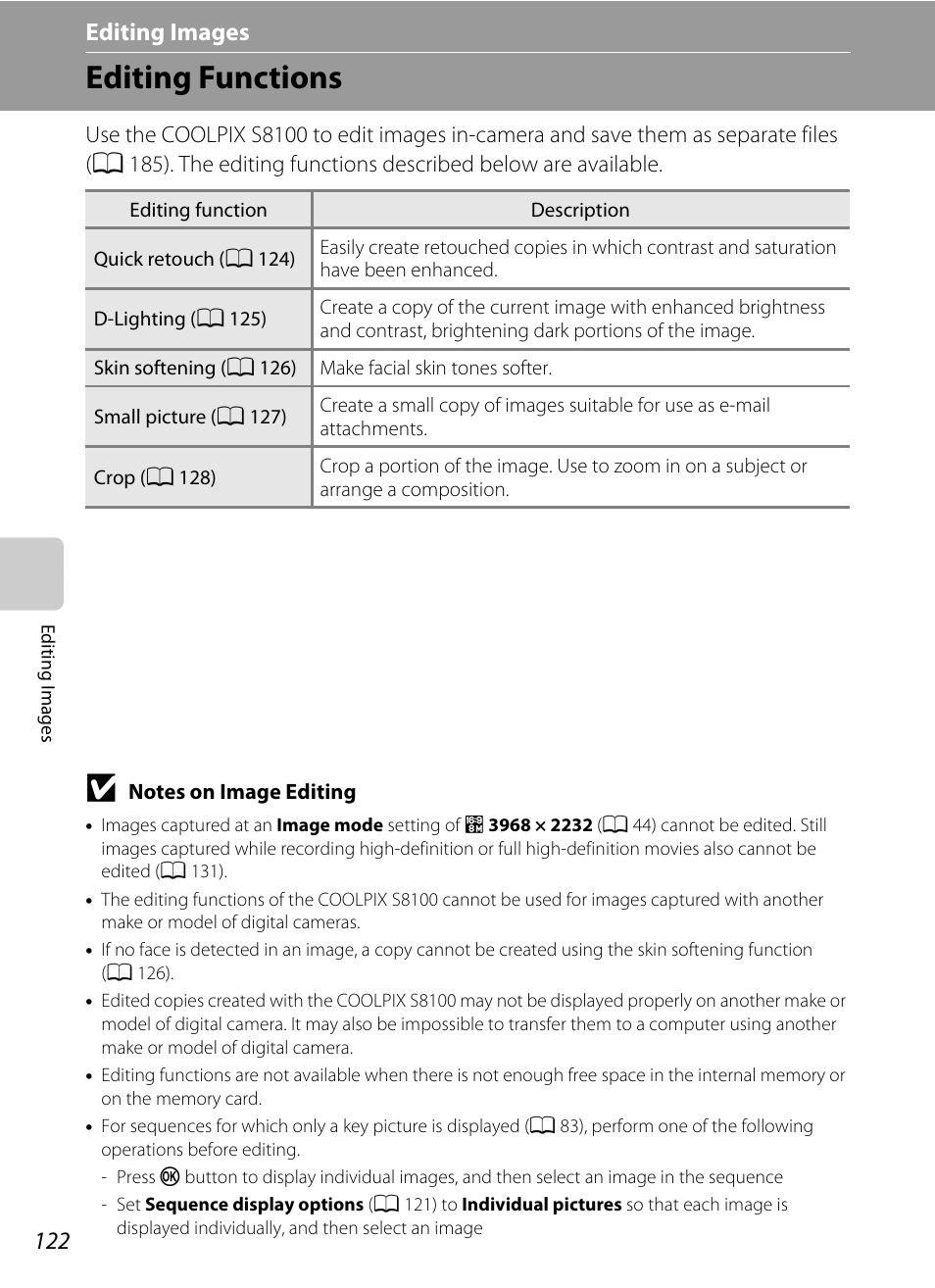 Editing images, Editing functions, Editing images” (a 122) fo | A 122), A 122). images can be al, Using editing function | Nikon COOLPIX-S8100 User Manual | Page 134 / 220