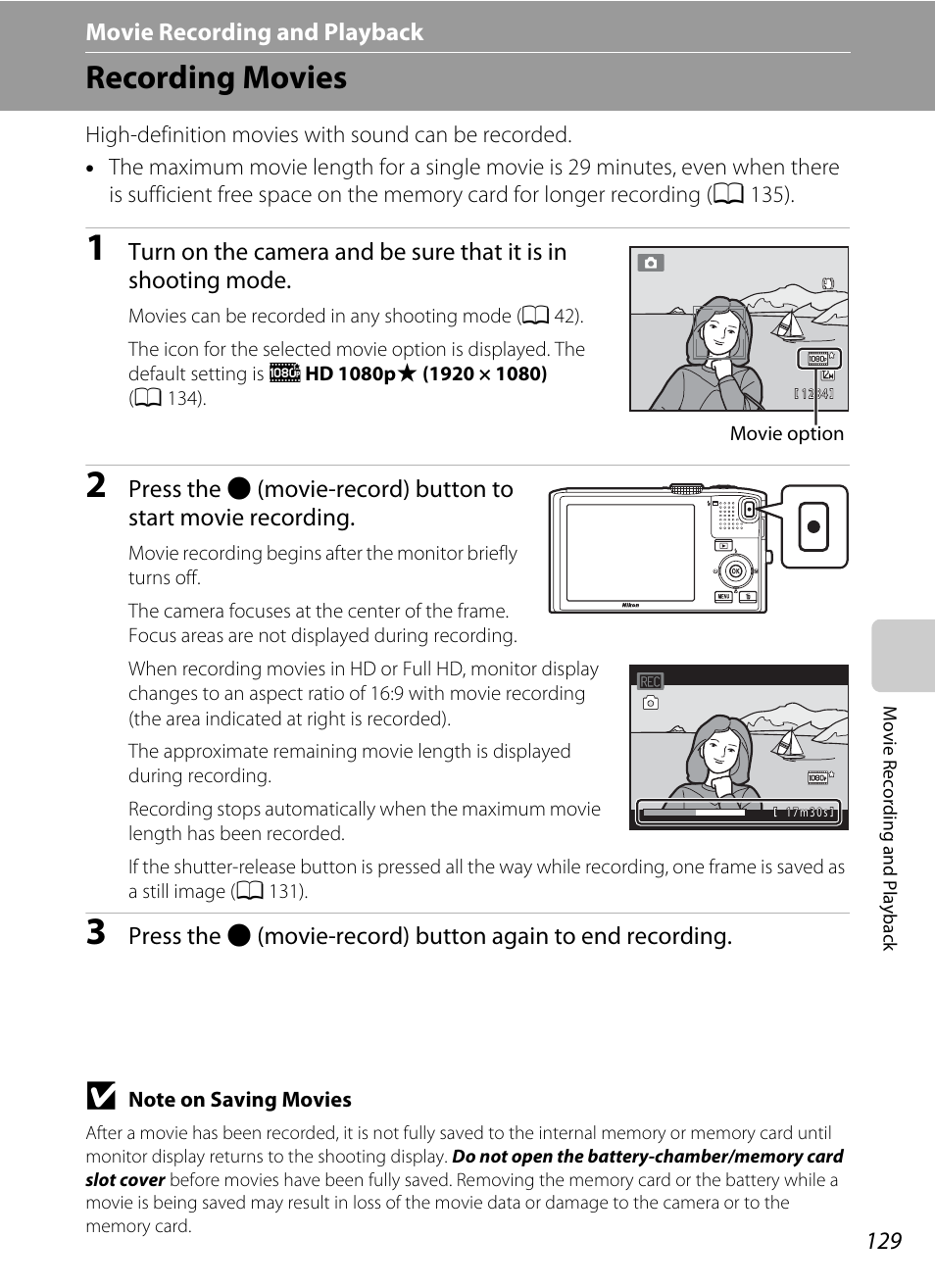 Movie recording and playback, Recording movies, A 129) | A 129 | Nikon COOLPIX-S8100 User Manual | Page 141 / 220