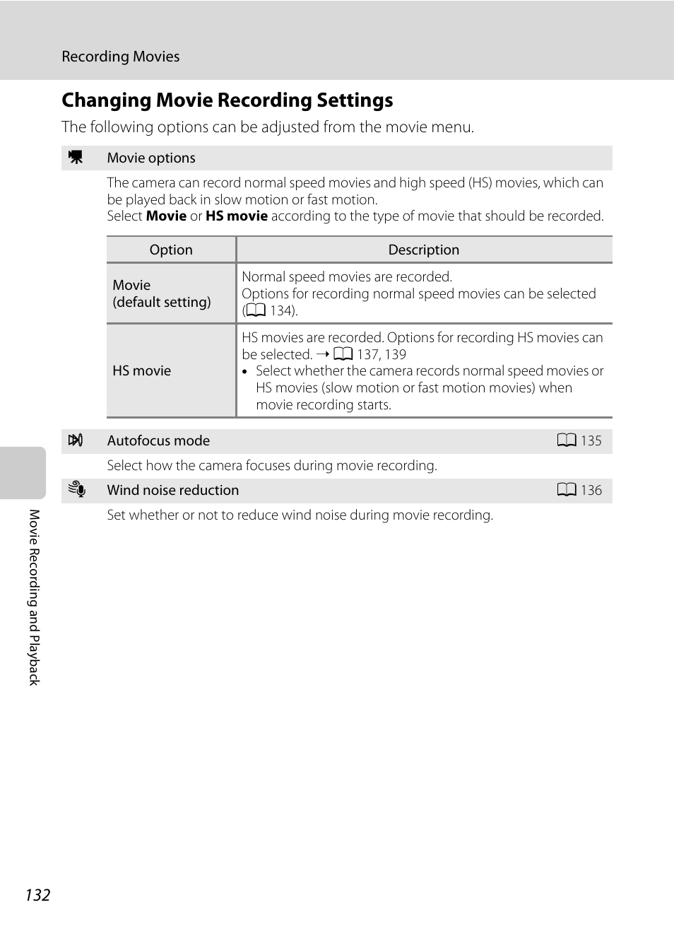 Changing movie recording settings, A 132) | Nikon COOLPIX-S8100 User Manual | Page 144 / 220