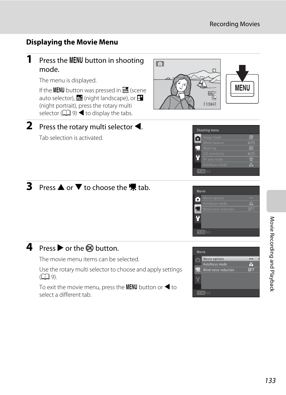 Displaying the movie menu, Press the d button in shooting mode, Press the rotary multi selector j | Press h or i to choose the d tab, Press k or the k button | Nikon COOLPIX-S8100 User Manual | Page 145 / 220