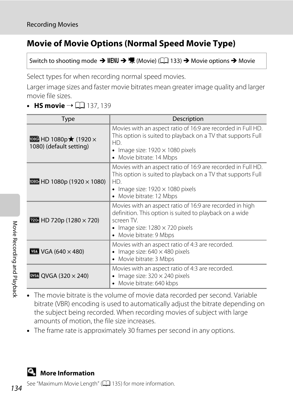 Movie of movie options (normal speed movie type), A 134), A 134). the c | Nikon COOLPIX-S8100 User Manual | Page 146 / 220