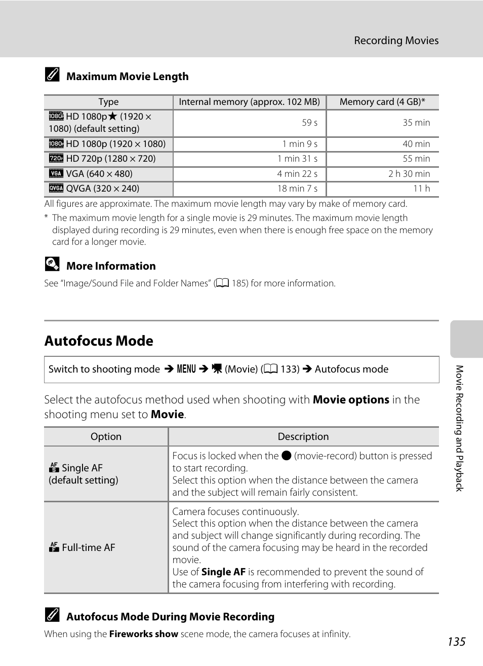 Autofocus mode, A 135, A 135) | See “maximum movie length, A 135) for | Nikon COOLPIX-S8100 User Manual | Page 147 / 220