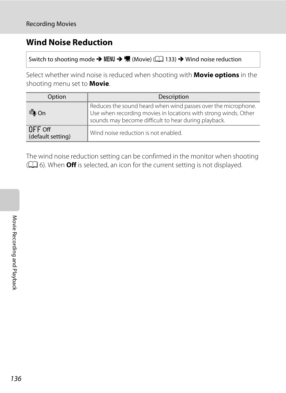 Wind noise reduction, A 136 | Nikon COOLPIX-S8100 User Manual | Page 148 / 220