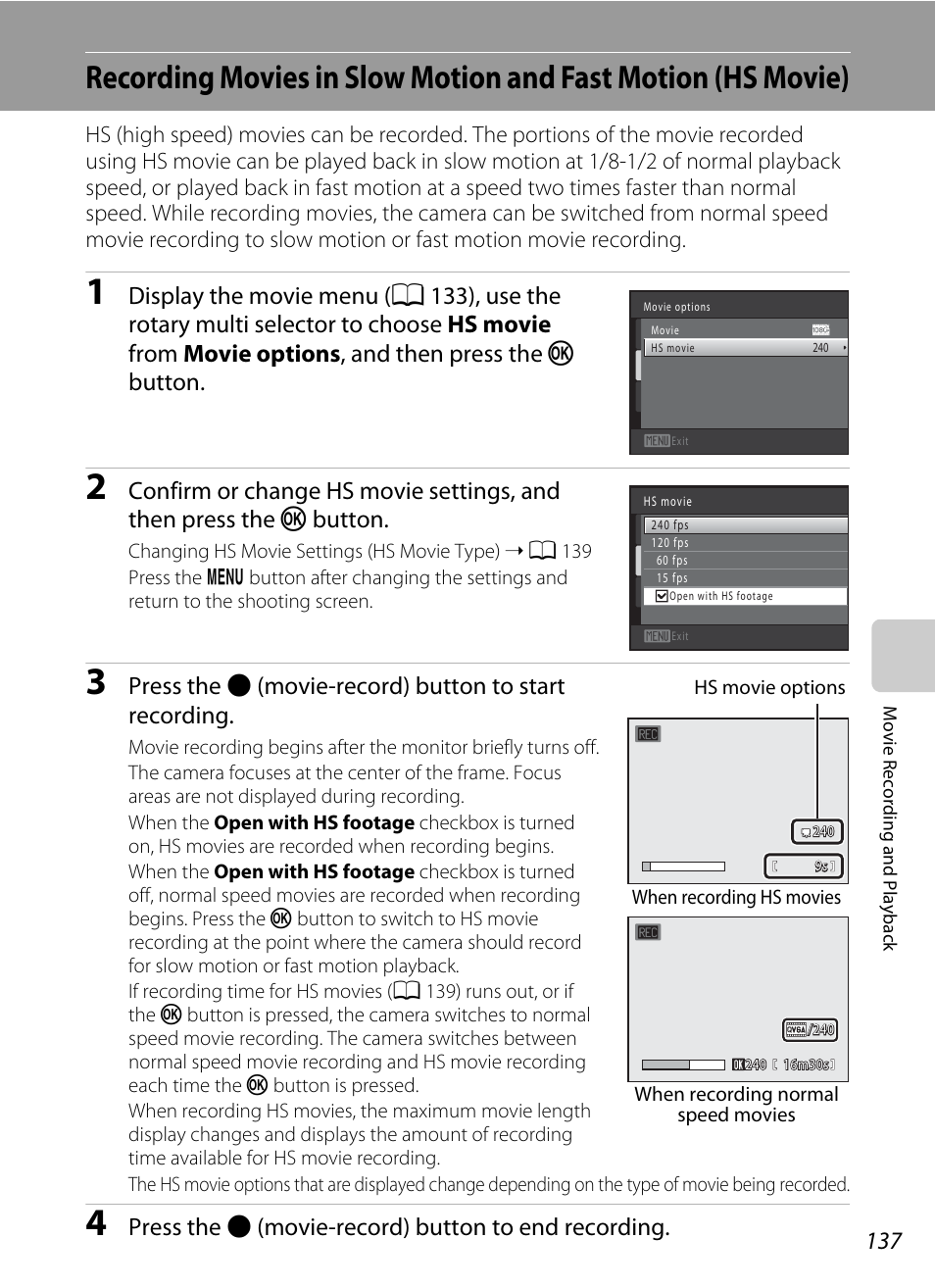 A 137), sti, A 137, 139, A 137 | Press the b (movie-record) button to end recording | Nikon COOLPIX-S8100 User Manual | Page 149 / 220