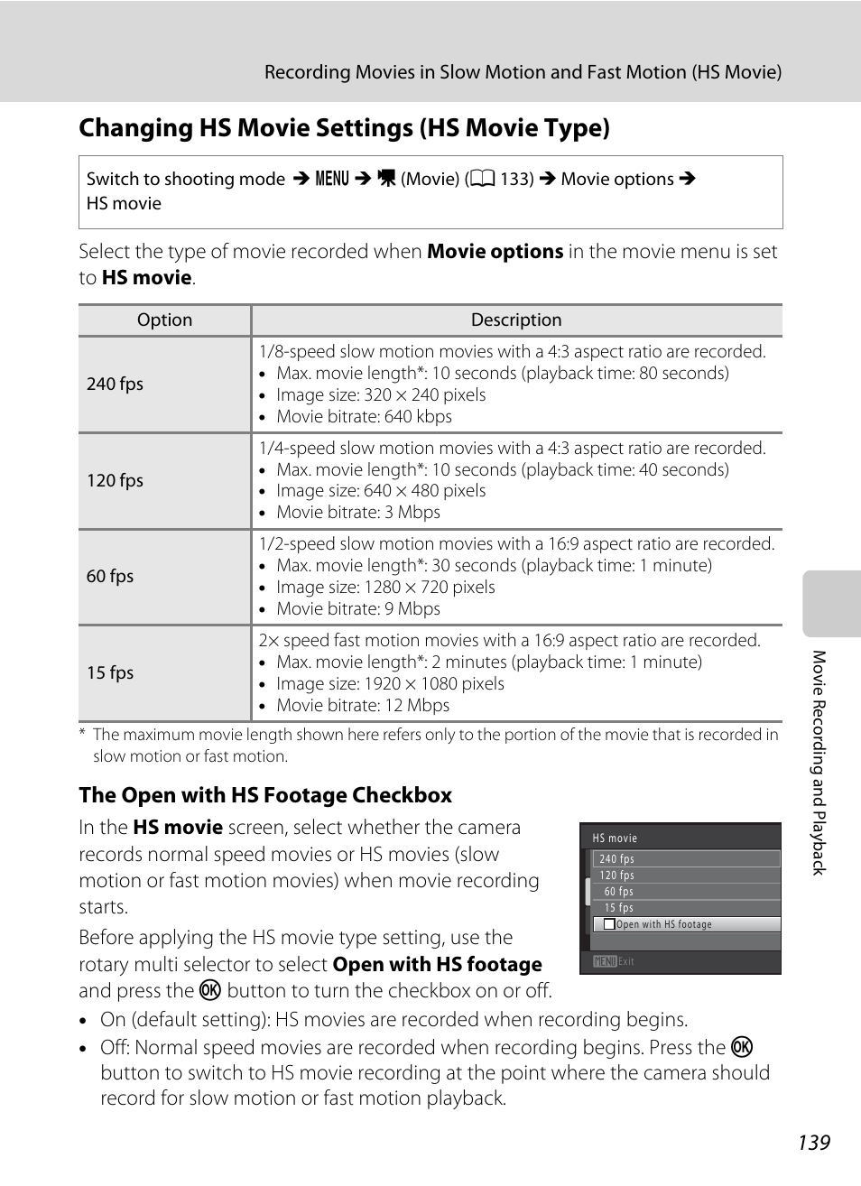 Changing hs movie settings (hs movie type), The open with hs footage checkbox | Nikon COOLPIX-S8100 User Manual | Page 151 / 220