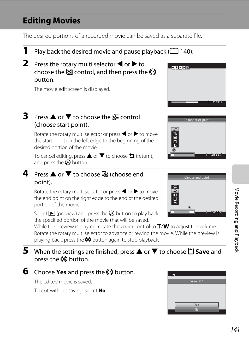 Editing movies, Ovie are saved, A 141) | Nikon COOLPIX-S8100 User Manual | Page 153 / 220