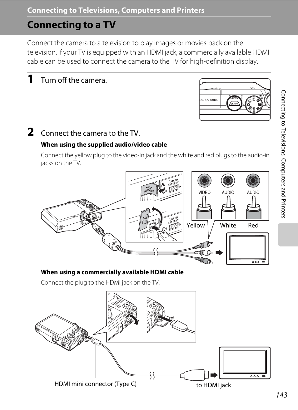 Connecting to televisions, computers and printers, Connecting to a tv | Nikon COOLPIX-S8100 User Manual | Page 155 / 220